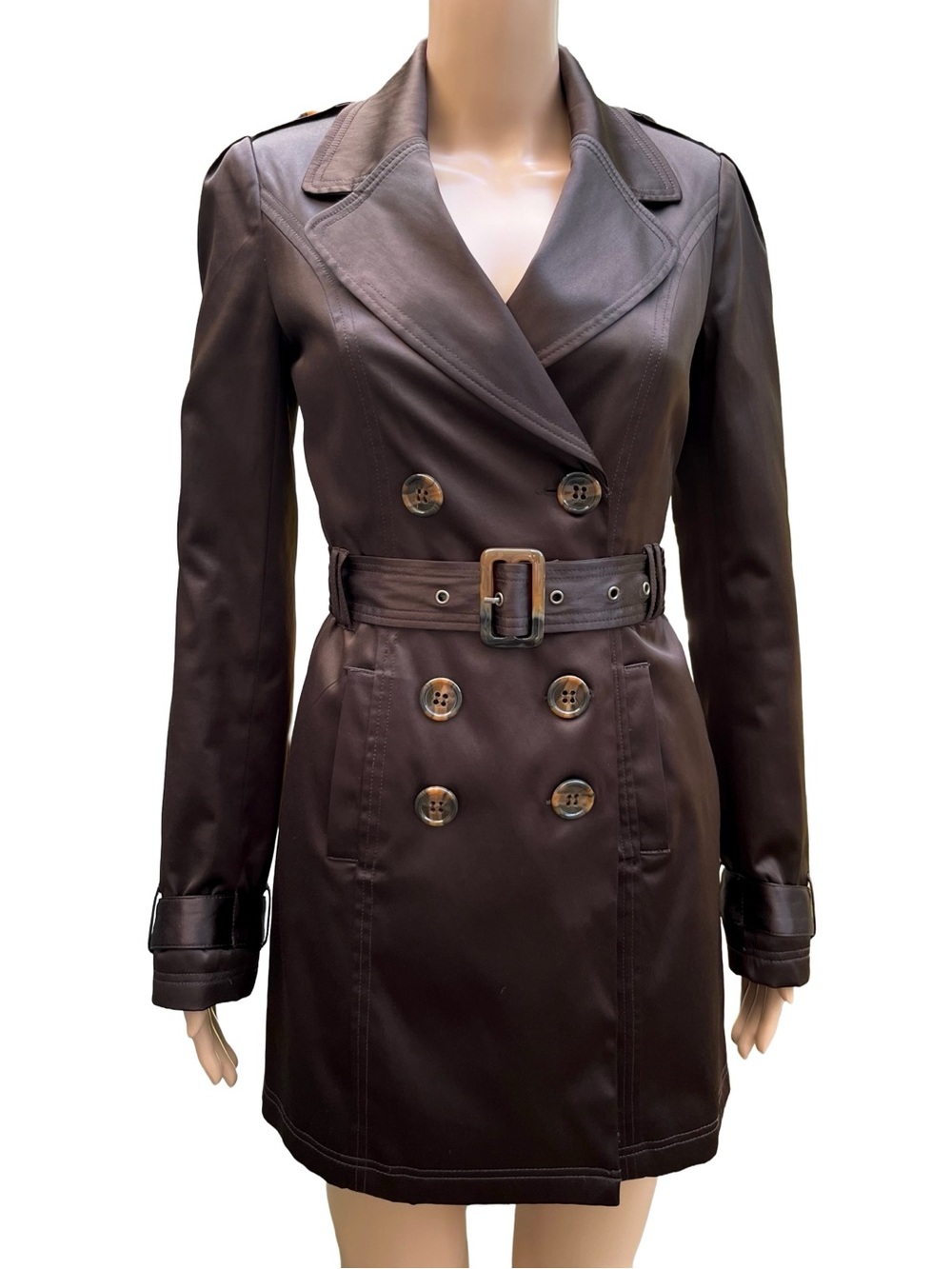 Suzy Chocolate Brown Sateen Belted Trench Coat S - Picture 3 of 11